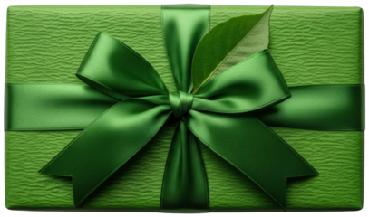Elegant green gift box with satin ribbon and natural leaf decoration