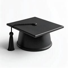 A solitary black mortarboard with tassel sits on a white background