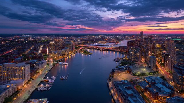 Aerial view of boston cityscape and river at twilight with dramatic sunset sky, 4k video