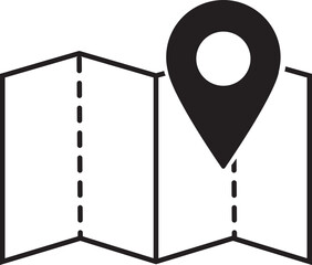 Folded paper map icon with GPS location pin and route path, Black navigation waypoint markers, Travel destination tracking graphics for UI UX design, Map pointer vector illustration.