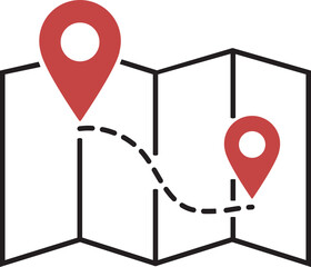 Folded paper map icon with GPS location pin and route path, Red navigation waypoint markers, Travel destination tracking graphics for UI UX design, Map pointer vector illustration.