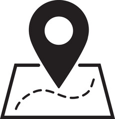 Map location and navigation icon, GPS pin pointer symbol on globe and paper map, Route destination tracking graphics, Black waypoint marker for travel ui ux web design vector illustration.