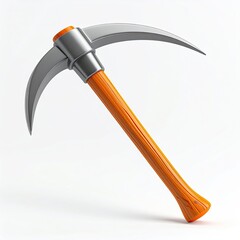 A shiny, two-sided mining tool with an orange wooden handle
