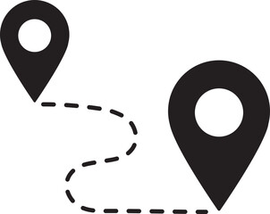 Flat map route icon with large GPS location pin, Black navigation pointer symbol for travel path and destination tracking, Vector graphic element for waypoint and direction design.
