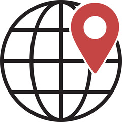 World globe with GPS location pin icon, Global navigation symbol for international travel and tracking, Earth map pointer graphics for web ui and logistics design vector illustration.