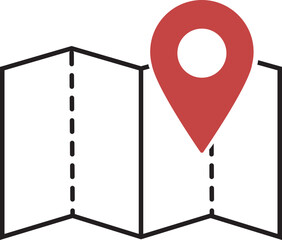 Folded paper map icon with GPS location pin and route path, Red navigation waypoint markers, Travel destination tracking graphics for UI UX design, Map pointer vector illustration.
