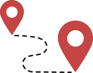 Flat map route icon with large GPS location pin, Red navigation pointer symbol for travel path and destination tracking, Vector graphic element for waypoint and direction design.