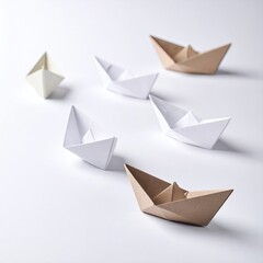 Six paper boats of white and brown, arranged on a white surface