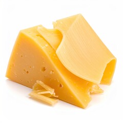 A block of yellow cheese, partly sliced with visible holes and crumbs