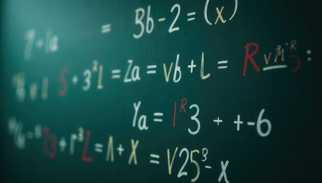 Close-up of complex equations written on a chalkboard , experiment, research