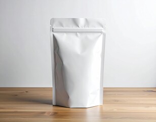 White standing pouch on a wood table against a white background