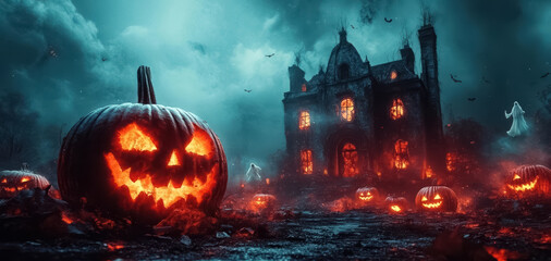 Halloween theme. A spooky haunted house with broken windows