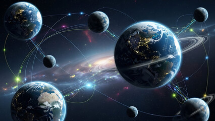 Interconnected global network of planets illustrating communication and data transfer across the cosmos with vibrant lines and luminous points symbolizing digital connectivity