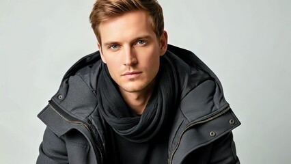 Professional Portrait of Man in Black Puffer Jacket and Scarf With Serious Fashion Expression