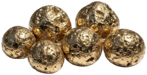 Group of textured gold nuggets or spherical golden stones on transparent background
