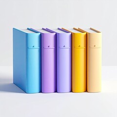 Five upright books in bright colors, standing against a plain white backdrop