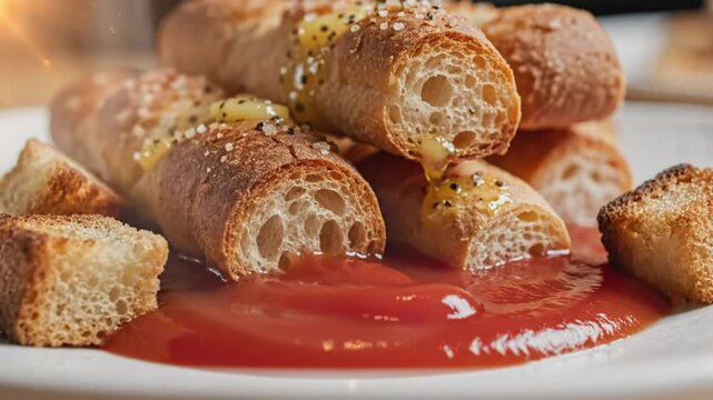 Close-up shot of crispy breadsticks dripping into a vibrant tomato sauce on a white plate