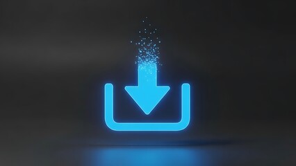 Bright blue download arrow icon on a dark reflective surface with glowing light effects