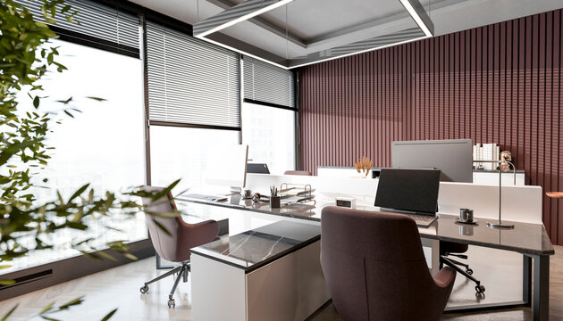 Modern open office interior with workstations and natural light