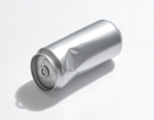 Crumpled silver beverage container casting a shadow on a white backdrop