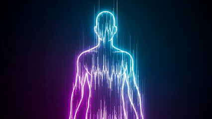 Silhouette of human body formed by glowing vertical neon light lines and frequency waves representing digital health biohacking and virtual identity on dark background artistic illustration