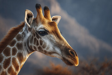 Obraz premium Calm giraffe head close up with detailed fur pattern and soft natural light in wildlife reserve during daytime, showing peaceful expression and textured skin against blurred background