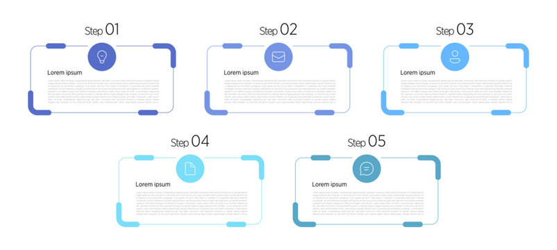 5-box infographics organize information into five distinct rectangular or square containers, ideal for presenting features, steps, or categories in a structured grid layout.
