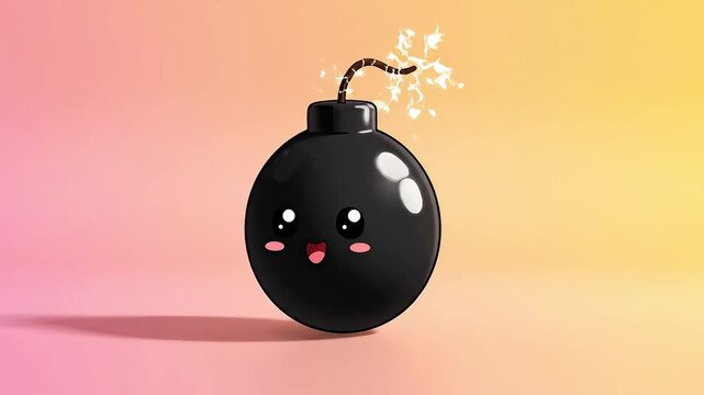 A cartoon bomb with a smiling face is about to explode in a colorful environment