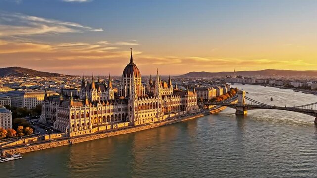 Budapest aerial view of parliament building and chain bridge at sunset with orange sky and danube river