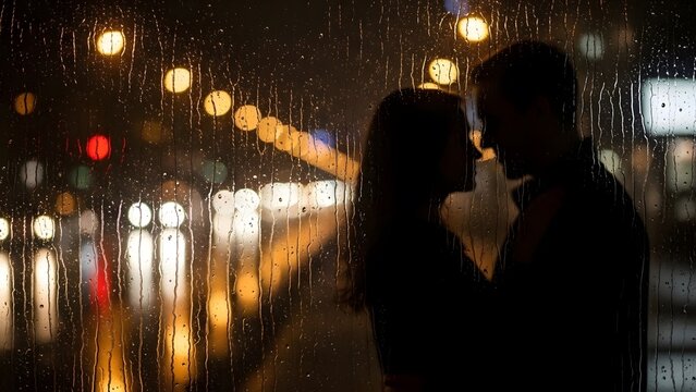 Silhouetted couple on a rainy city street at night