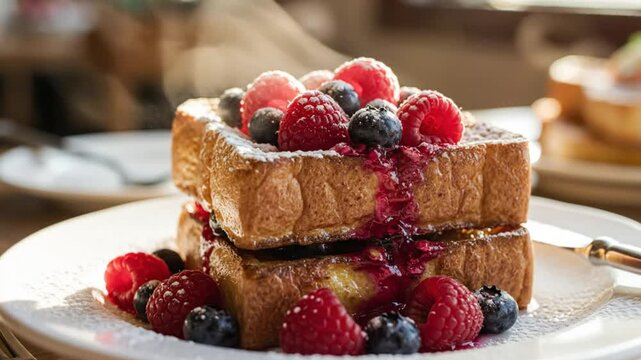 Delicious steaming stack of French toast with fresh raspberries, blueberries, and berry compote drizzled on a white plate