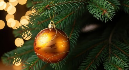 Obraz premium Amber Christmas Ornament Hanging Tree Bokeh Lights