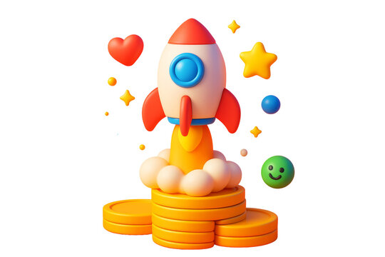 Cartoon rocket blasting off from stacked gold coins surrounded by emoji symbols, isolated on white background. Concept of startup success. Ai generative