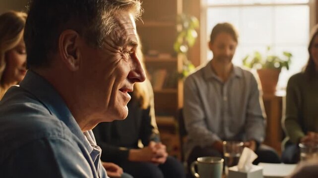 Group therapy session showing empathy and support as a man shares a personal cost of his past actions - Powered by Adobe