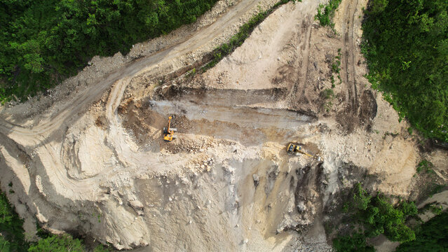 Aerial View of Landslide Area and Slope Stabilization on Road Construction Site