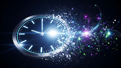 clock face disintegrating into digital particles and light trails against dark background, representing concept of time decay passing or digital transformation.