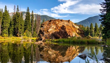 Stunning landscape scene, a lake mirrors towering rock formation, ringed by lush evergreens under a partly cloudy sky