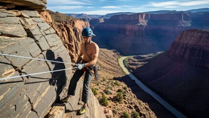 Brave Man Rappelling Down Grand Canyon Cliffside During Extreme Mountain Adventure Sport