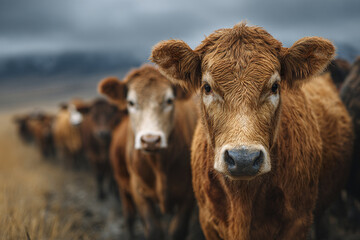 Brown cow close up with herd in rural field under cloudy sky, peaceful farm scene with natural light and soft focus background creating calm atmosphere