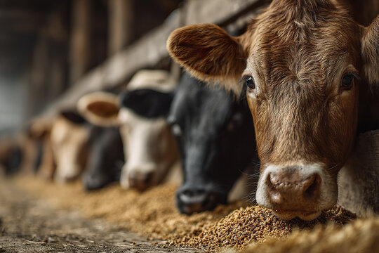 Cattle eating feed in stable with close up focus on brown cow, commercial agriculture livestock feeding on grain in barn environment