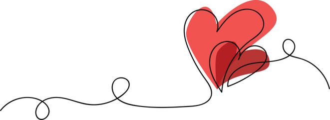 Valentines day card decoration. Continuous line drawing of two connected red hearts symbolizing love, passion, and unity. A minimalist yet expressive illustration features a single unbroken black line