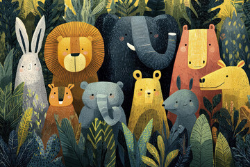 Cute jungle animal illustration with rabbit, lion, elephant, bear, and other friendly creatures surrounded by lush green forest plants in colorful children friendly style