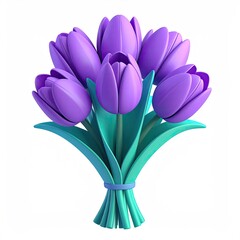 Vivid, stylized bouquet of purple tulips with teal stems and leaves