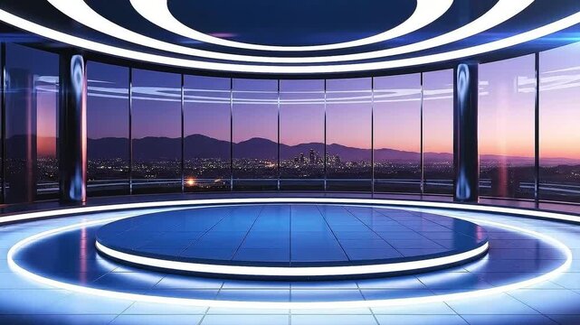 Modern tv studio set with circular stage and blue neon lights overlooking city skyline at sunset through windows