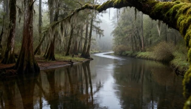 serene swamp river winding through dense forest with moss draped trees perfect for world wetlands day