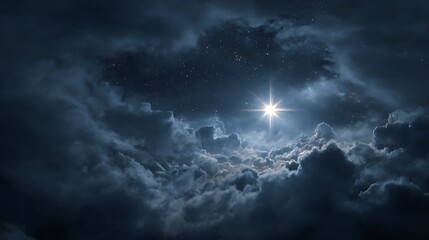 A celestial scene of a bright star shining through dark, billowing clouds in a night sky