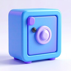 Cartoon blue safe with a rounded face and a purple handle