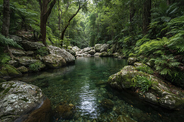 Obraz premium Clear jungle creek surrounded by thick rainforest vegetation with large moss covered rocks and lush green ferns creating peaceful and refreshing natural scene