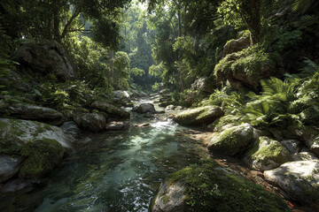 Clear tropical rainforest stream flowing through dense green forest with moss covered rocks and sunlight filtering through tall trees creating peaceful natural scene