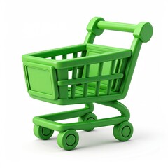 Glossy green shopping cart, isolated on white, perspective view